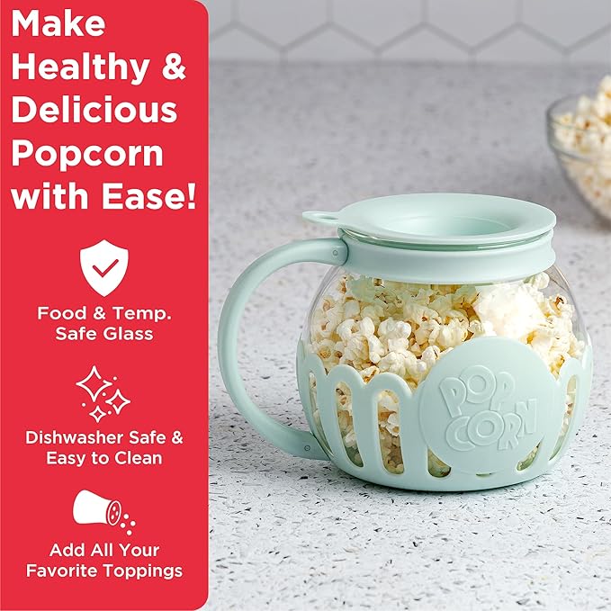 Ecolution Patented Micro-Pop Microwave Popcorn Popper with Temperature Safe Glass, 3-in-1 Lid Measures Kernels and Melts Butter, Made Without BPA, Dishwasher Safe, 1.5-Quart, Aqua (Pack of 4)