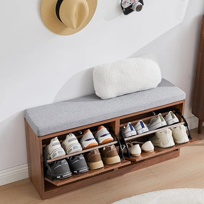 Narrow Shoe Storage Bench for Entryway, Wooden Shoe Cabinet with Flip Drawers& Adjustable Shelves, Shoe Rack Bench with Cushion, Shoe Organizer with Fluted Pattern for Hallway, Living Room (Walnut)