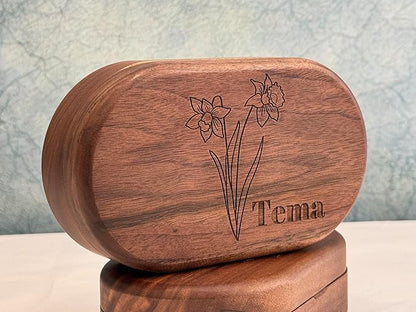 Birthday Gifts for Women - Personalized Wooden Jewelry Box - Wooden Jewelry Box Handmade, Walnut Jewelry Organizer - Custom Engraved Box - Unique Gifts - Engraved Birthflower