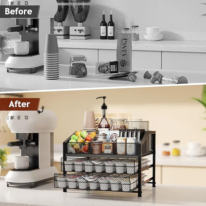 Homsorout Coffee Bar Organizer - Coffee Station for Countertop, Metal and Wood K Cup holder Storage Basket for Syrup, Cups, Stirrer, Condiment, Tea Organizer, Black