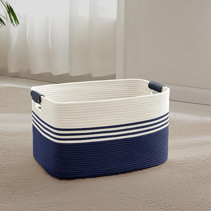SunNewt 45L Small Laundry Basket with Leather Handles for Living Room Storage, Woven Rope Baskets Bin for Blanket, Kids Toy, Gifts, Wicker Hamper for Bedroom Dirty Clothes, 18"x14"x11" White Navy