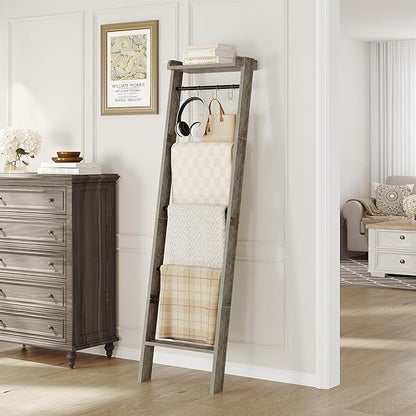 Hzuaneri Blanket Ladder Shelf, Decorative Quilt Rack, 6-Tier Farmhouse Ladder Holder Organizer with 4 Removable Hooks 7.9" D x 17.3" W x 63.4" H, Greige BR35805B