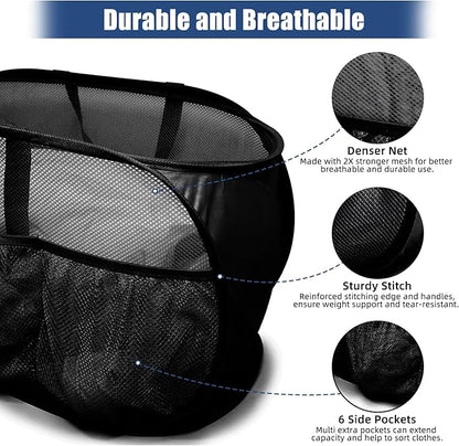 2 Pack Collapsible Laundry Baskets, Upgrade Pop Up Laundry Hamper with Convenient Bags, Foldable Laundry Basket Mesh Light Weight, Easy to Carry Clothes Hampers for Laundry, Dorm, Toys, Travel Black