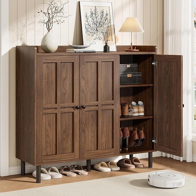 ONBRILL Shoe Cabinet with 3 Doors and Adjustable Shelves, 30 Pairs Shoe Storage Cabinet, 40 Inch Tall Farmhouse Shoe Rack Shoe Organizer Cabinet for Entryway Living Room Closet, Walnut