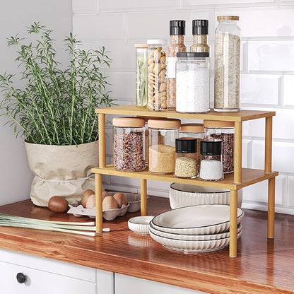 VERTORGAN Cabinet Organizer Shelf(Set of 2),Kitchen Counter Shelves,Bamboo Stackable Expandable Spice Rack Countertop(Large)