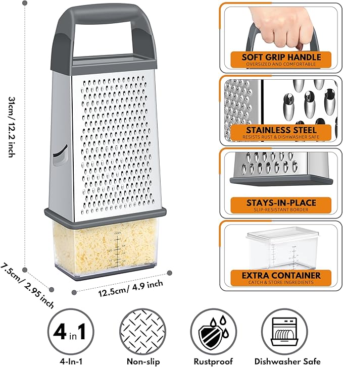Urbanstrive Cheese Grater With Container, Professional Cheese Grater with Handle, Stainless Steel Graters for Kitchen Handheld, Box Grater with 4 Sides for Vegetables, Ginger, Potatoes (Grey)