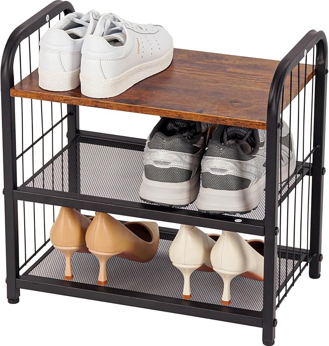 3-Tier Shoe Rack with Guardrails, Heavy-Duty Metal Mesh Shelves & Rustic Wooden Top - Space-Saving Organizer for Closet, Entryway, and Hallway (Holds 1-2 Pairs/Shelf)