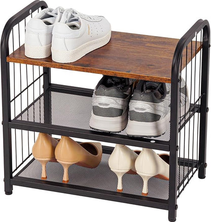 3-Tier Shoe Rack with Guardrails, Heavy-Duty Metal Mesh Shelves & Rustic Wooden Top - Space-Saving Organizer for Closet, Entryway, and Hallway (Holds 1-2 Pairs/Shelf)