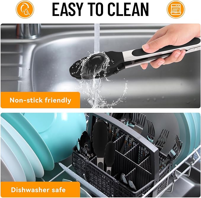 HOTEC Premium Kitchen Tongs, 7 & 9 Inch, Stainless Steel, Black, Set of 2 | Silicone Tips, Durable Spring Locking Mechanism, Non-Scratch & Heat Resistant, For Salad, BBQ, Serving