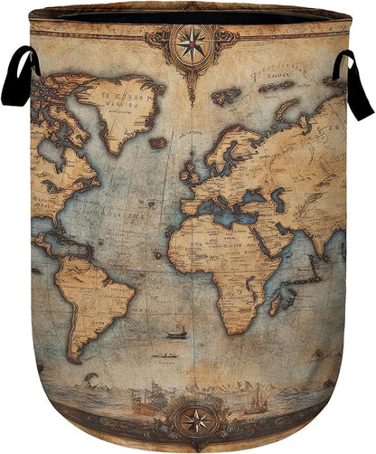 Antique World Map Laundry Basket, Laundry Hamper Collapsible Oxford Cloth with Handle Clothes Toy Storage Bin for Bathroom Laundry Room Bedroom 15.7 X 20 Inch