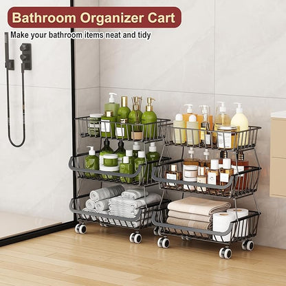 3-Tier Rolling Pantry Cart with Wheels, Stackable Wire Storage Floor Organizer for Kitchen Pantry Snack Shelves, Fruit Basket Stand, Vegetable Storage Rack for Food Snacks Onion Potato, Black, 2 Pack