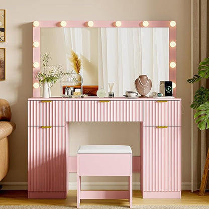 47" Fluted Makeup Vanity Desk with Large 42" Mirror and Lights, Vanity Table with 3 Drawers & 2 Storage Cabinet, Dressing Table Charging Station & Chair for Living Room, Bedroom, Pink