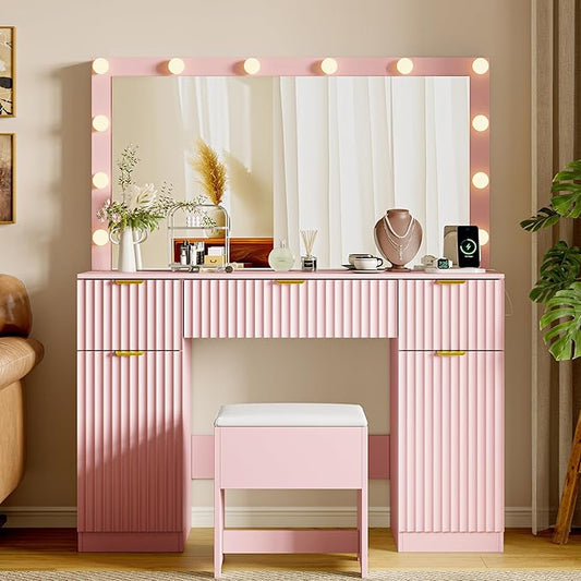 47" Fluted Makeup Vanity Desk with Large 42" Mirror and Lights, Vanity Table with 3 Drawers & 2 Storage Cabinet, Dressing Table Charging Station & Chair for Living Room, Bedroom, Pink