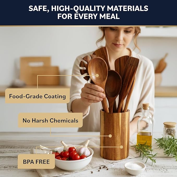 Home Hero Wooden Utensil Set 11 Pcs – Natural Teak Wooden Kitchen Utensils Set with Sturdy, Easy-to-Clean Wooden Spoons for Cooking – Non-Scratch Teak Cooking Utensils (11 pcs)