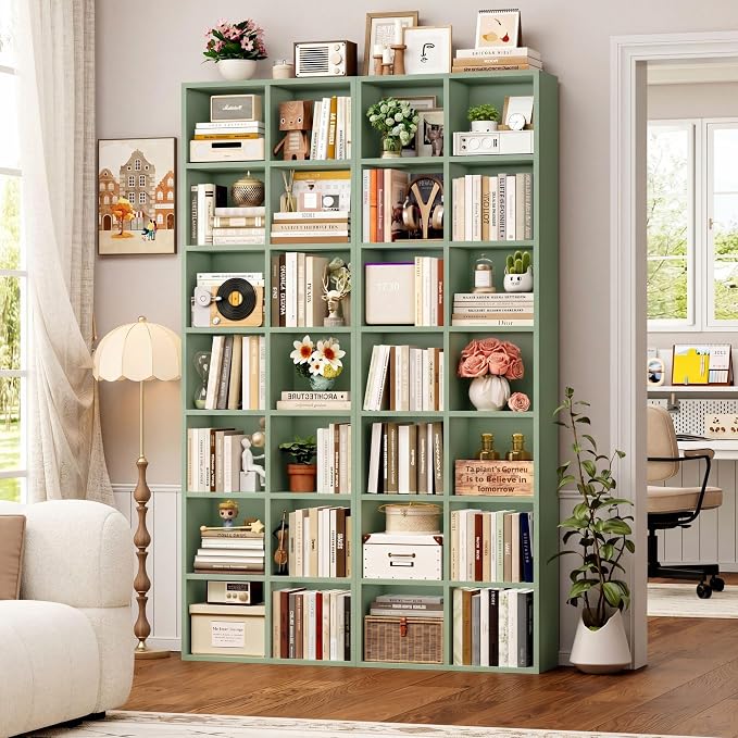 FOTOSOK 71'' Tall Bookshelf with 14 Cubes, 7 Tier Double Wide Bookshelf with 6 Adjustable Shelves, 19.6" Narrow Bookcase DVD/CD Media Storage Shelf, Space Saving Display Shelf Cabinet, Green