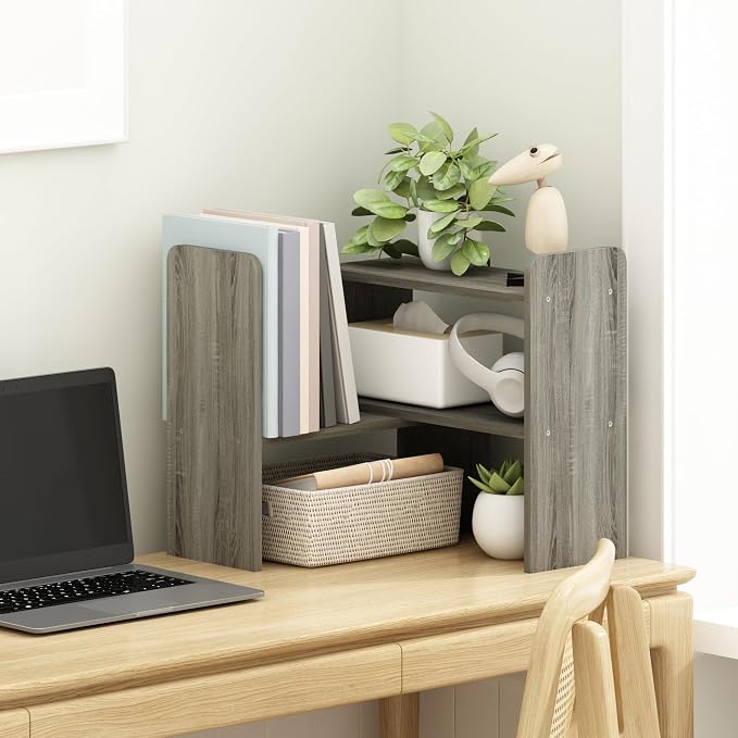 Furinno Classic Desk Organizers and Accessories, Office Organization, Desk Top Book Shelf, for Office Supplies, Office Desk Accessories, Grey Oak