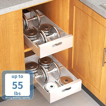 HBL' 1 Pack | 21" Deep Pull Out Cabinet Organizer Adhesive, 12-Inch Wide Sturdy Carbon Steel Roll-Out Drawers, Designed for Frameless Cabinets, Slide-Out Shelves for Pantry.