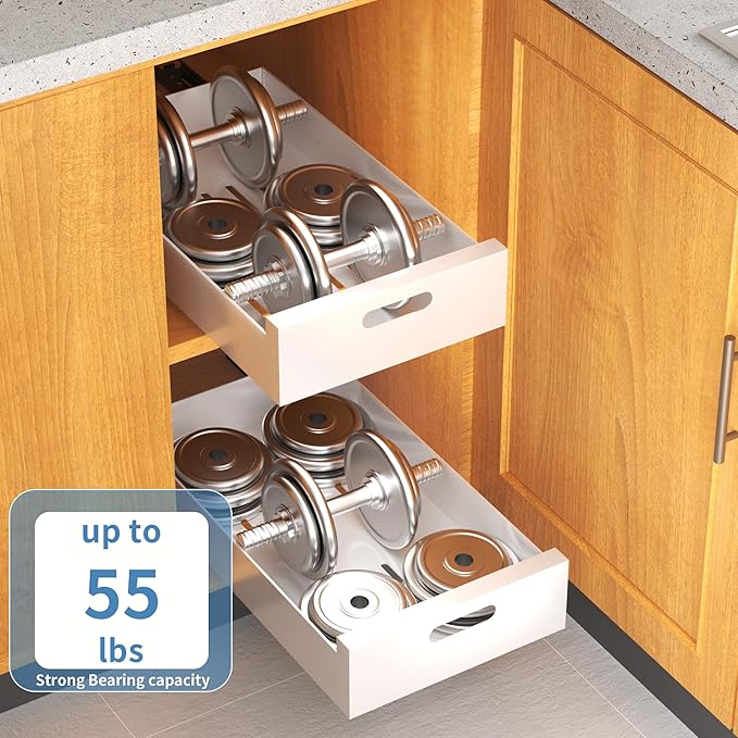 HBL' 2 Pack | 21" Deep Pull Out Cabinet Organizer Adhesive, 10-Inch Wide Sturdy Carbon Steel Roll-Out Drawers, Designed for Frameless Cabinets, Slide-Out Shelves for Pantry.