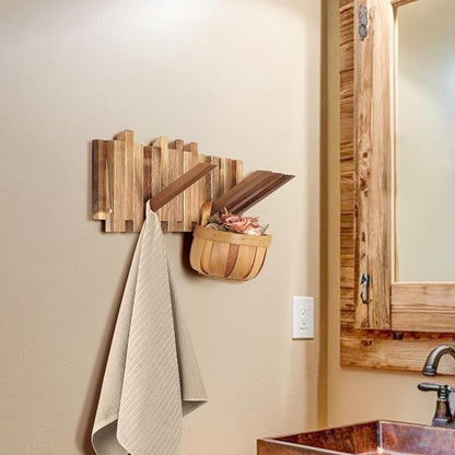 Wall Coat Rack for Entryway: Rustic Wooden Folding 8 Hooks Mount 16.5inch Decorative Piano Hanger for Farmhouse Hallway Bathroom for Towel Backpack Jacket (Staggered Style)