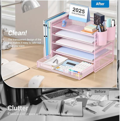 OPNICE Desk Organizer, 5-Tier Paper File Organizer with Drawer & Pen Holder, Office Desk Accessories, Workspace Desktop Organizer for Office Supplies(Pink)