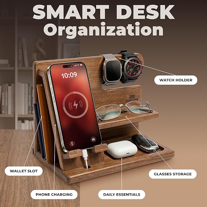 TESLYAR Wood Phone Docking Station for Men - Desktop or Nightstand Organizer - Birthday Gifts for Men, Dad - Anniversary Idea from Wife - Key Holder, Stand Wallet, Watch & Essentials (Earth Beige)