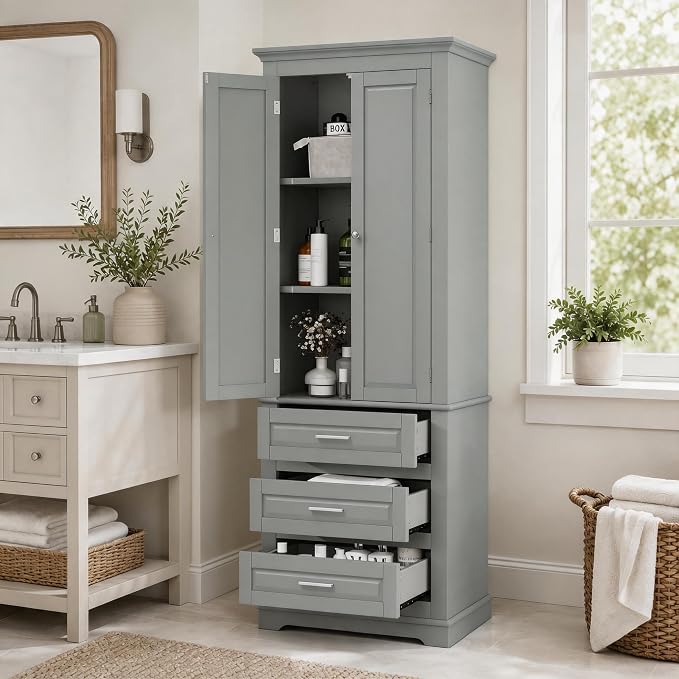 Storage Cabinet, Tall Bathroom Cabinet with Adjustable Shelf | Tall storage cabinet, upper enclosed cabinet and 3 pull-out compartments keep daily essentials organized
