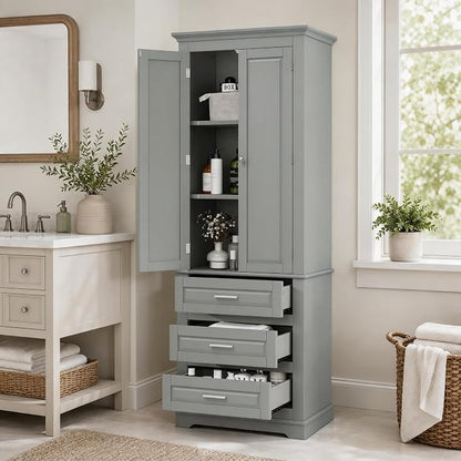 Storage Cabinet, Tall Bathroom Cabinet with Adjustable Shelf | Tall storage cabinet, upper enclosed cabinet and 3 pull-out compartments keep daily essentials organized