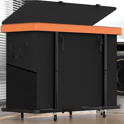300L Large Fashion Laundry Basket with Wheels, Leather Patchwork Rolling Hamper Carts, Sturdy Metal Frame, Removable Washable Bag, Tall Clothes Sorter for Bedroom (Black, 4 Section-300L)