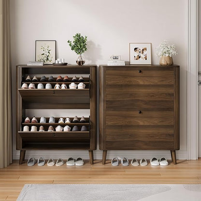 Smuxee Walnut Shoe Cabinet with 2 Flip Drawers, 31.5" Hidden Shoe Storage Cabinet with Curved Edge & Grille Stripe, Freestanding Shoe Organizer Cabinet for Entryway, Hallway, Living Room