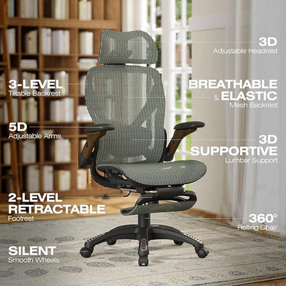 ELABEST X100 Ergonomic Mesh Office Chair with Footrest, Big and Tall Hone Desk Chair with 5D Flip-Up Arms, Adjustable 3D Lumbar Support,Gaming & Executive Computer Chairs