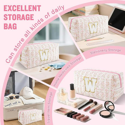 Personalized Quilted Cosmetic Bag, Puffy Monogrammed Christmas Birthday Gifts for Women & Girls, Cute initial Floral Makeup Bag Puffer Coquette Bag, Aesthetic Travel Toiletry Zipper Pouch(Pink,W)