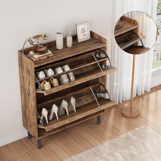IDEALHOUSE Shoe Cabinet with 2 Flip Drawers,Hidden Wood Shoe Storage with Adjustable Shelf,Freestanding Shoe Organizer Rack for Entryway,Hallway,Living Room(Rustic Brown)