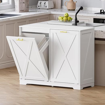 Double Tilt Out Trash Can Cabinet, Wooden Farmhouse Kitchen Garbage Bin Enclosure with Negative Ion Odor Control, Hidden Dog Proof Trash or Laundry Basket Storage for Laundry Room, White