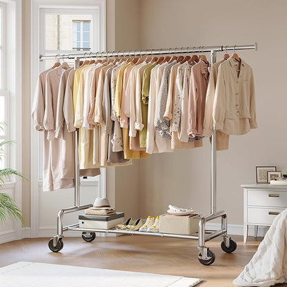 Raybee Heavy Duty Clothes Rack 75" Extra Wide, 450 LBS Clothing Rack with 4 Hooks, Lockable Wheels, Metal Garment Rack for Bedroom, Laundry Room, Commercial