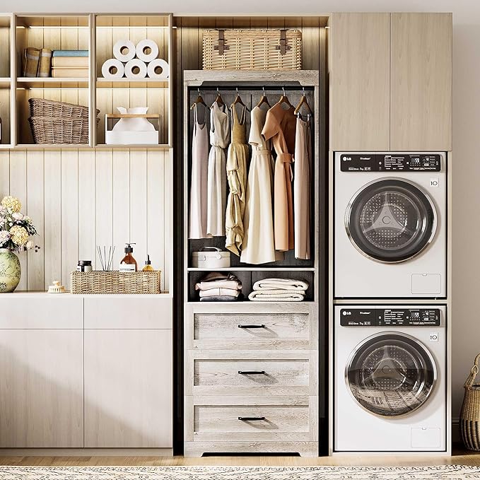 IRONCK Freestanding Closet System with 3 Wood Drawers, Modern Armoire Wardrobe with Adjustable Shelves & Hanging Rod, Walk-in Closet Systems Organizer, Rustic Maple
