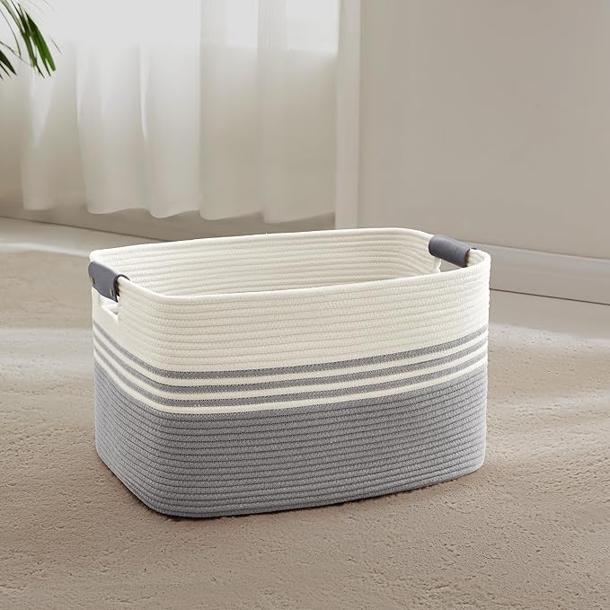SunNewt 45L Small Laundry Basket with Leather Handles for Living Room Storage, Woven Rope Baskets Bin for Blanket, Kids Toy, Gifts, Wicker Hamper for Bedroom Dirty Clothes, 18"x14"x11" White Grey