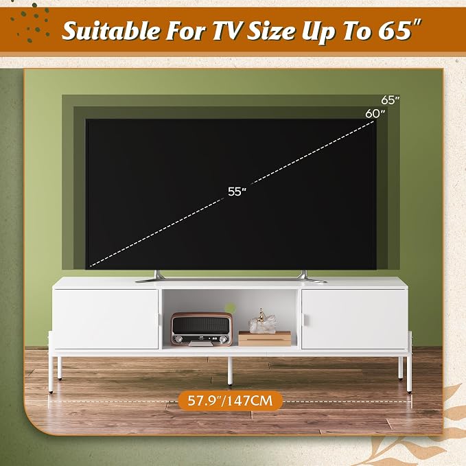 WLIVE 58" TV Stand for 65 Inch TVs, Mid Century Modern Entertainment Center with 2 Storage Cabinets & Open Shelf, Media Console Table with Metal Legs for Living Room, Bedroom, White