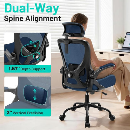 Office Chair - Ergonomic Desk Chair Breathable Mesh Chair with 2D Headrest & Adjustable Lumbar Support - Executive High Back Rolling Swivel Computer Gaming Chair with Wheels Flip-up Armrests