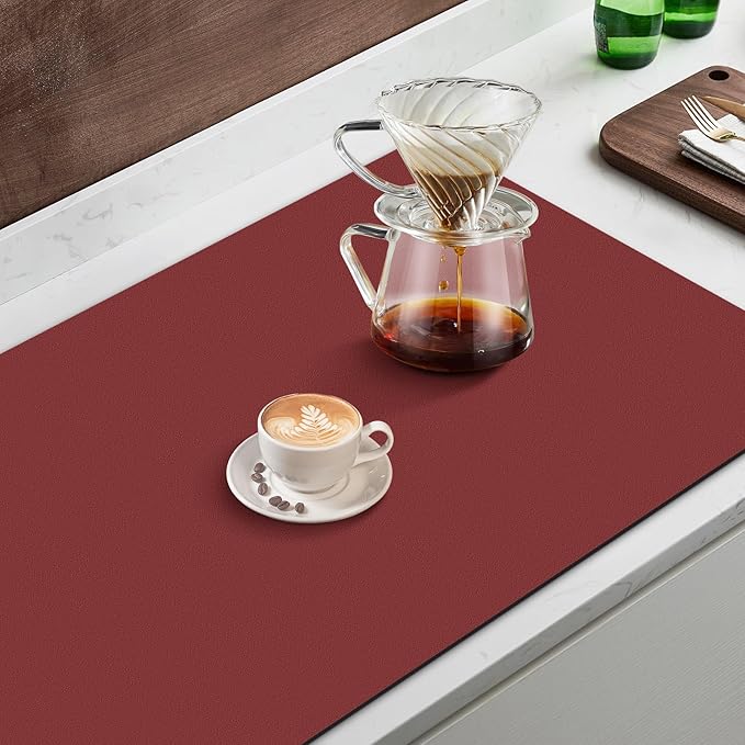 WISELIFE Coffee Mat Super Absorbent Dish Drying Mat Coffee Bar Accessories Match with Machine Large Drying Mats for Kitchen Counter 18" W x 36" L, Red