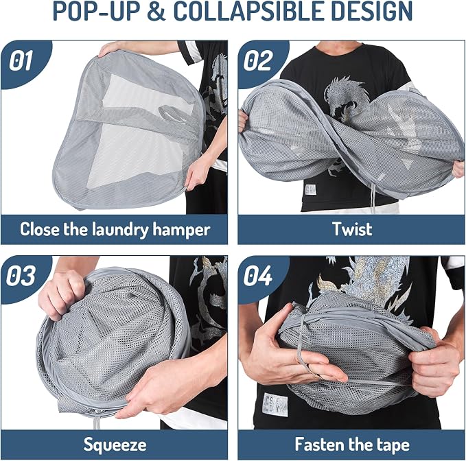 Seiritex Mesh Popup Laundry Hamper 2 Compartment, Collapsible Laundry Sorter Basket Foldable Hamper for Clothes, College Dorm, Travel (Gray)