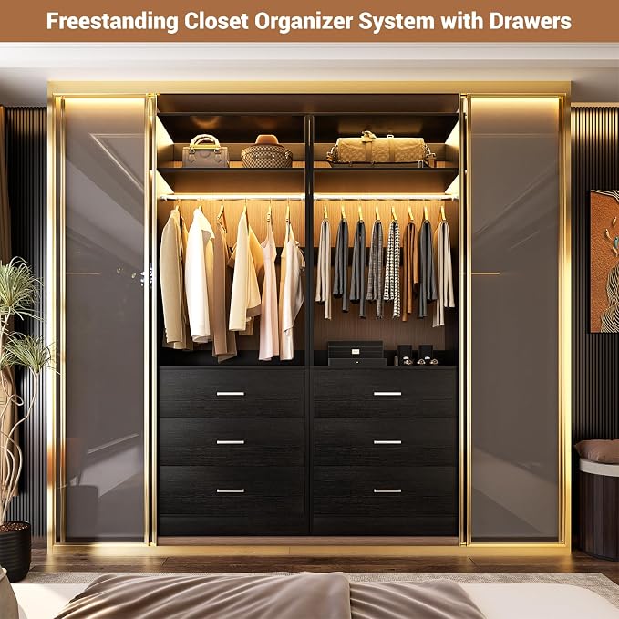 Besiost Closet System Set of 2, 4FT Closet Systems with 6 Wood Drawers, 48" Closet Organizer System with 2 Hanging Rods & 2 Shelves, Heavy Duty 48 Inch Walk-in Closet, Black (48"L x 15" W x 80" H)