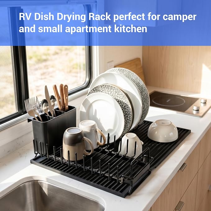 Expandable & Collapsible Dish Drying Rack for Over The Sink and in Sink, Stainless Steel with Silicone Drip Tray, Space Saving Adjustable Dish Rack for Small Kitchen, Apartment & RV
