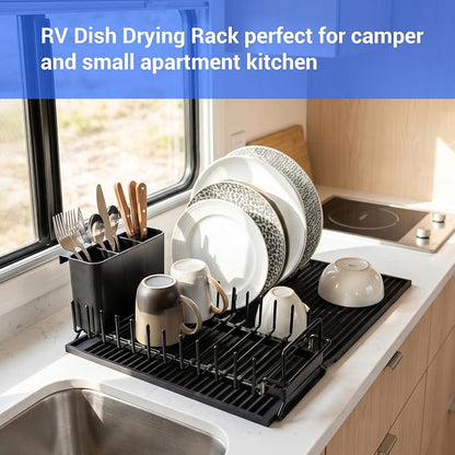 Expandable & Collapsible Dish Drying Rack for Over The Sink and in Sink, Stainless Steel with Silicone Drip Tray, Space Saving Adjustable Dish Rack for Small Kitchen, Apartment & RV