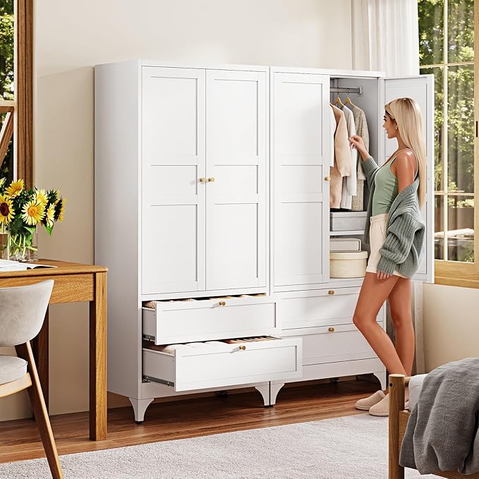 Letaya Metal Wardrobe Cabinets with 2 Drawers,71"Tall Armoire Wardrobe Closet with Doors and Shelves,Large Coat Closet Cabinet with Hanging Rod,Clothing Storage Cabinets for Bedroom,Home Office,White