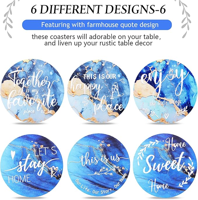 Queekay Coasters Set of 6 House Warming Gifts New Home Wooden Farmhouse Drink Coasters with Holder 4'' Funny Decoration for Kitchen Family Coffee Bar Tabletop Protection(Gilded Blue)