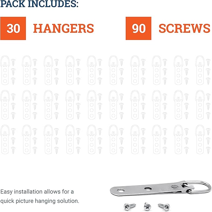 PHS Heavy Duty D Ring Picture Hangers - 30 Pack Large Strap Hangers for Picture Hanging - 3 Hole D Rings with Screws - 50 Pound Load Capacity