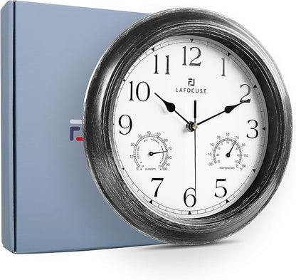 Lafocuse Black Outdoor Wall Clocks Waterproof for Patio with Thermometer, 12 Inch Hygrometer Wall Clock for Kitchen Bathroom Garage
