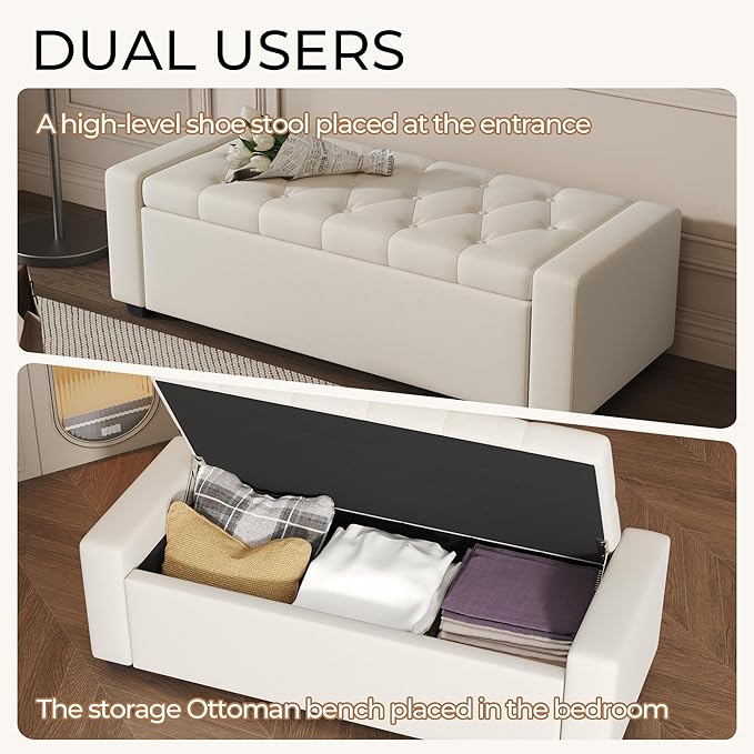 Storage Ottoman Bench with Tray,47" Ottoman with Storage for Living Room, Rectangular Bench with Cushion and Safety Hinge for Bedroom,Holds up to 400 lb,Beige
