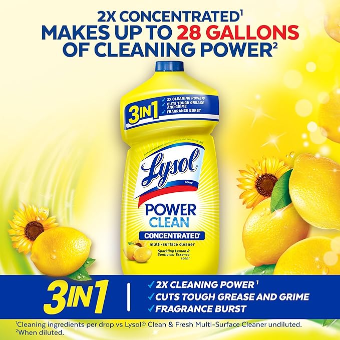 Lysol Power Clean Multi-Surface Cleaner, 2x Concentrated Pour, Sparkling Lemon & Sunflower Essence scent, 28 Fl Oz (Packaging May Vary), Pack of 9