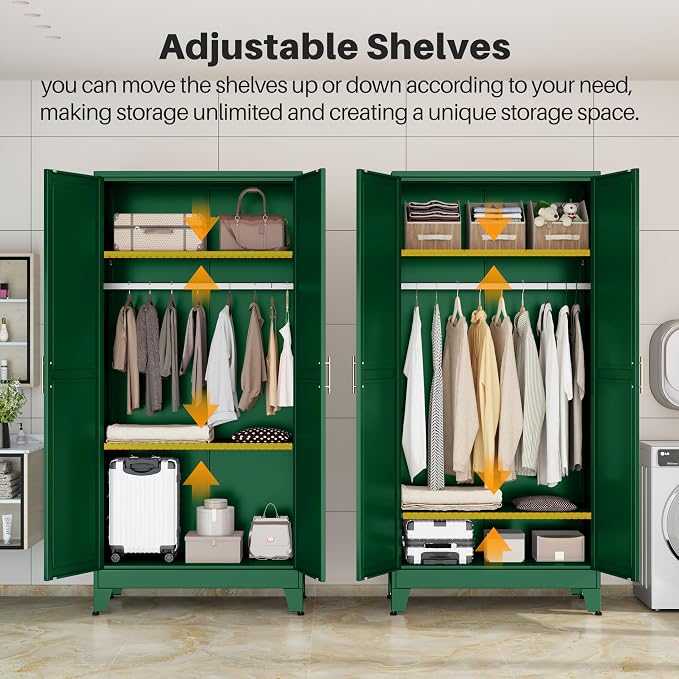 winiowa Metal Armoire Wardrobe Closet with 2 Mirror Doors, 71" Wardrobe Cabinet with Adjustable Shelves and Hanging Rod, Clothing Storage Cabinet Closet with Mirror for Bedroom-Green